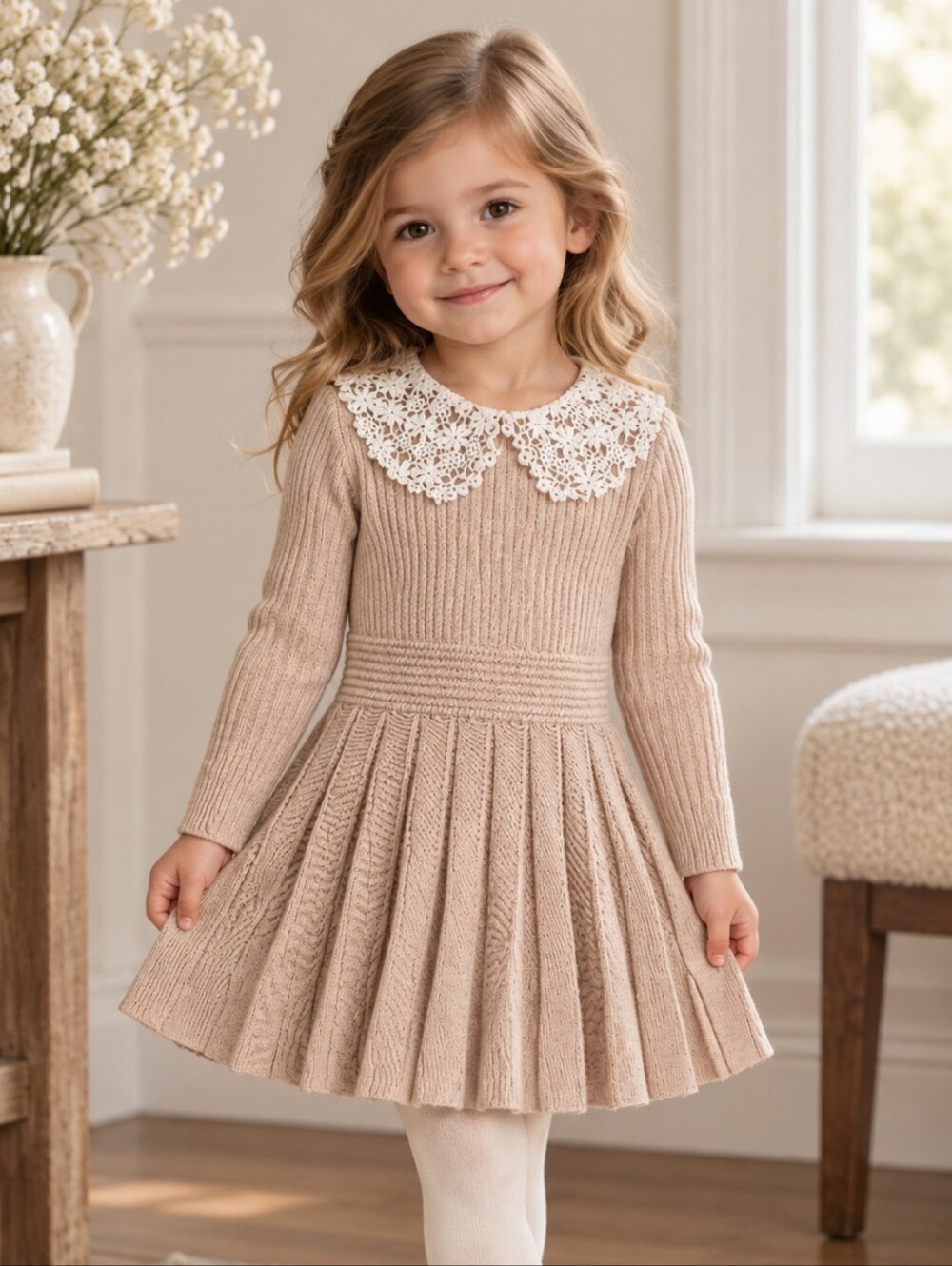 Girls Beige Knit Dress with Lace Collar | 3T